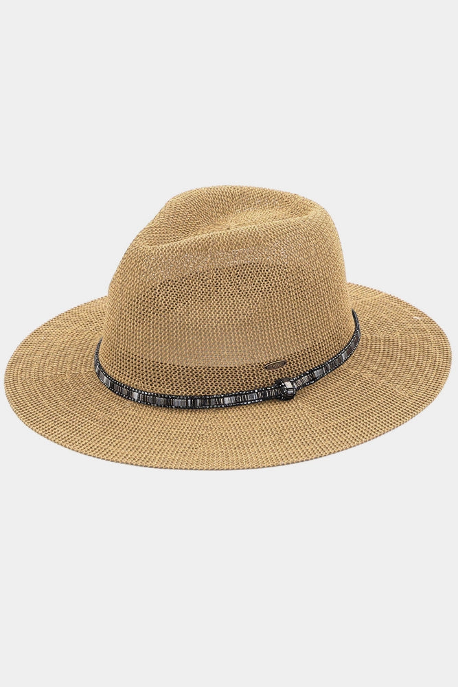Multi Thread Rhinestone Trim Brand Panama Hat