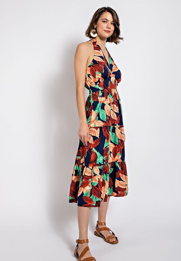 Leaf Print Halter Dress