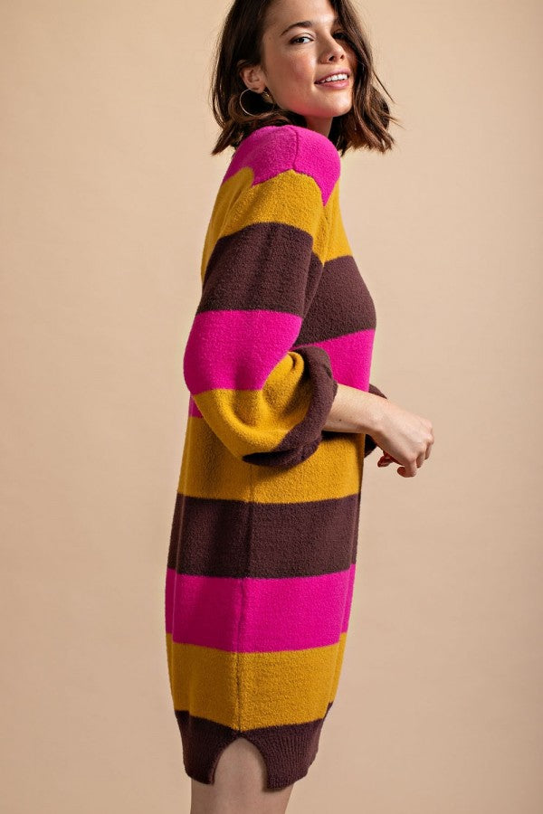 Gigio Bold Stripe Sweater Dress Fuchsia Brown L