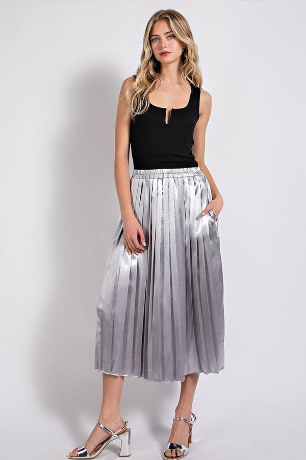 Metallic Pleated Midi Skirt