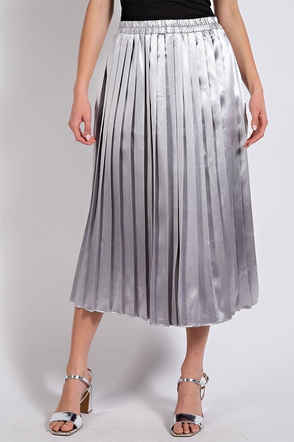 Metallic Pleated Midi Skirt