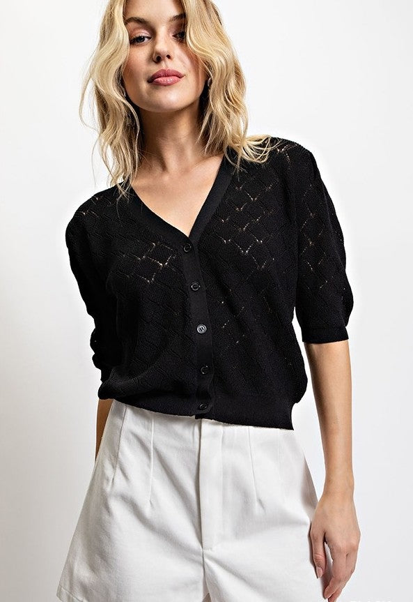 Pointelle Knit Fitted Cardigan
