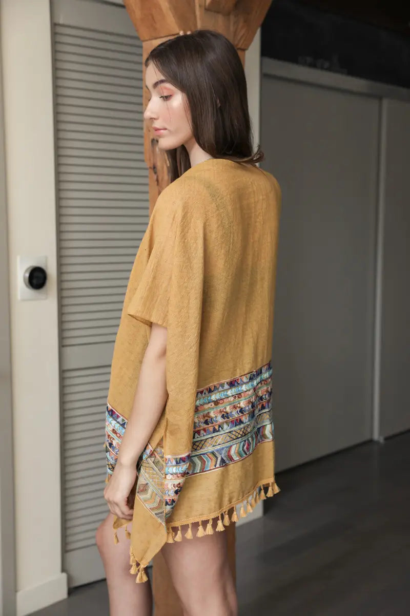Geometric Embroidered Kimono With Tassels
