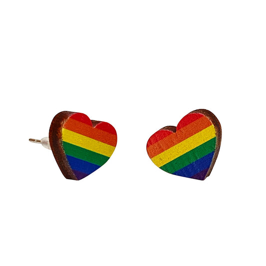 Green Tree Wooden Earring - Rainbow Pride Heart Studs