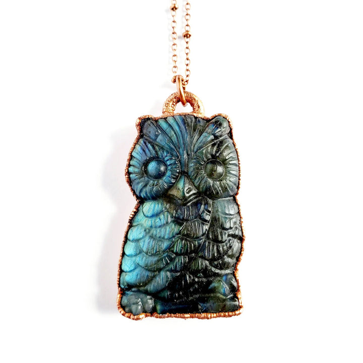 Merging Metals Carved Labradorite Owl Necklace