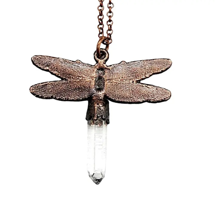 Quartz Crystal Dragonfly Necklace - Copper