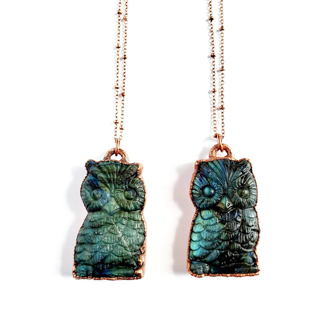 Merging Metals Carved Labradorite Owl Necklace
