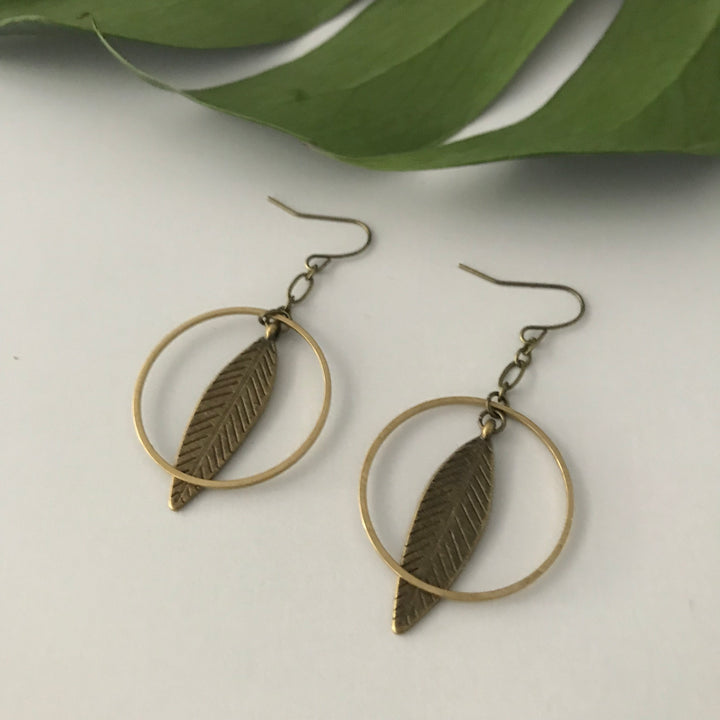 Feather + Circle Brass Earrings