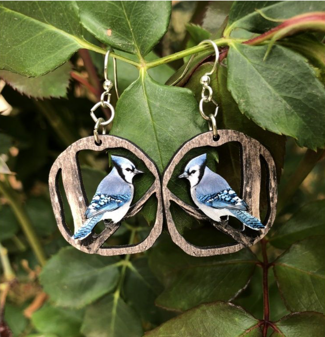 Green Tree Wooden Earring - Blue Jay