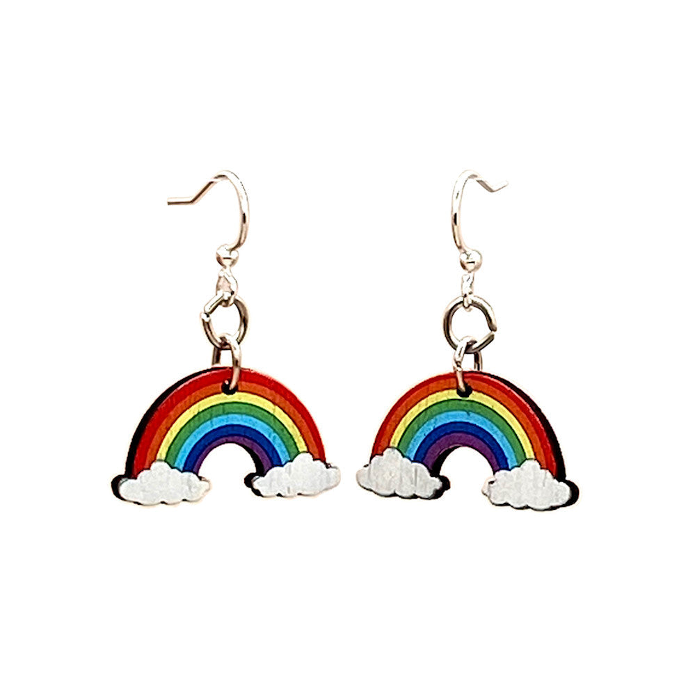 Green Tree Wooden Earring - Rainbow Over Clouds