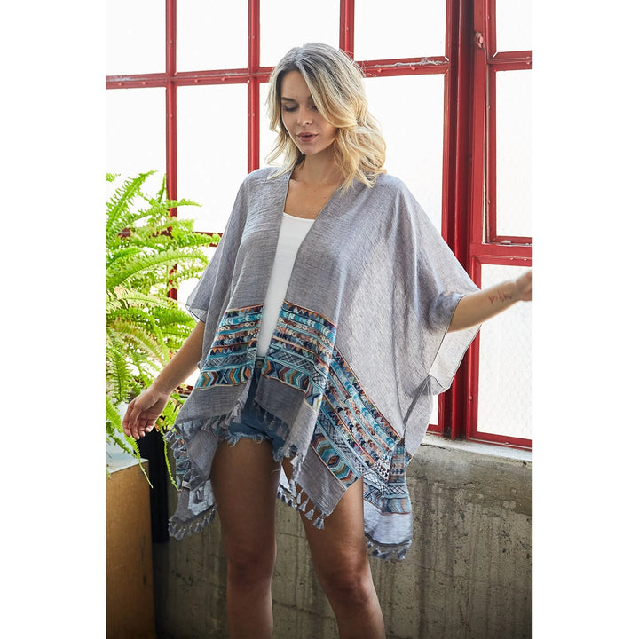 Geometric Embroidered Kimono With Tassels
