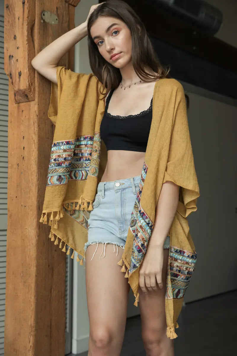 Geometric Embroidered Kimono With Tassels