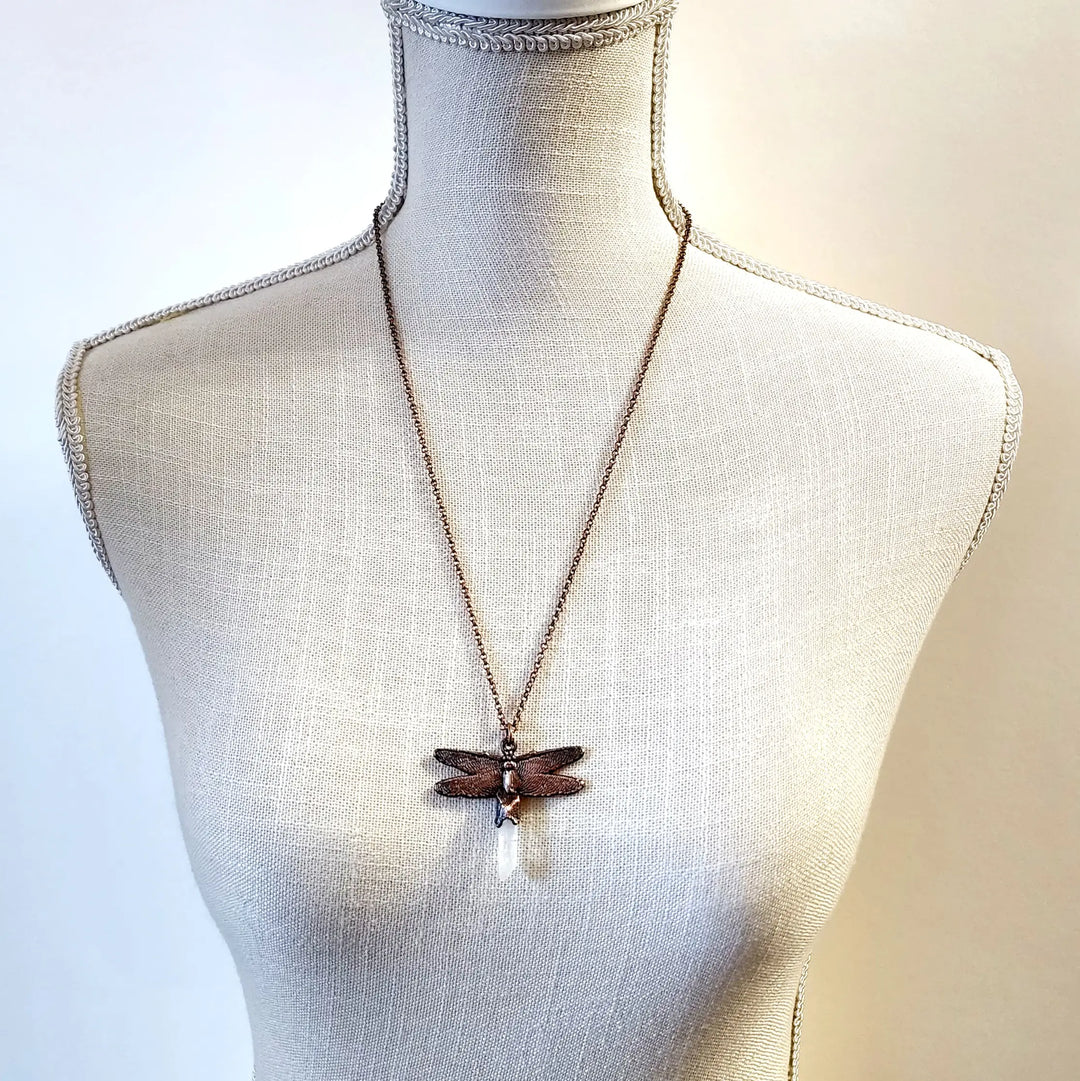 Quartz Crystal Dragonfly Necklace - Copper